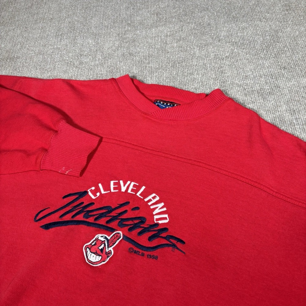 Vintage 90s Cleveland Indians Sweatshirt Mens M Pullover Red Fleece Embroidered‎